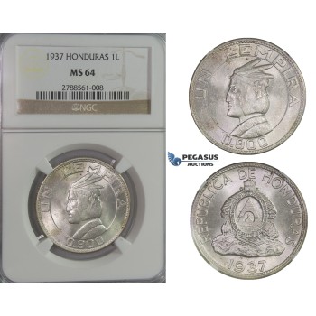 D06, Honduras, Lempira 1937, Silver, NGC MS64 (Pop 1/2)