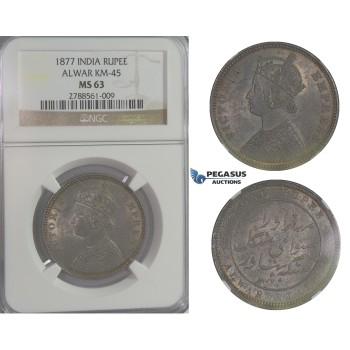 D07, India, Alwar, Victoria, Rupee 1877, Silver, NGC MS63 (Pop 1/3)