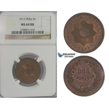 D08, Peru, 2 Centavos 1917, NGC MS64RB (Pop 1)