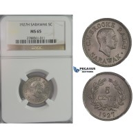 D09, Sarawak, C.V. Brooke Rajah, 5 Cents 1927-H, NGC MS65 (Pop 1/2)