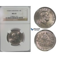 D10, Sarawak, C.V. Brooke Rajah, 10 Cents 1934-H, NGC MS65 (Pop 1)