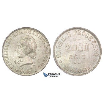 D12, Brazil, 2000 Reis 1908, Silver, Mint State (Hairline scratch under neck)
