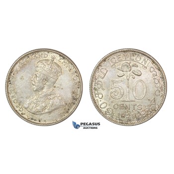 D15, Sri Lanka (Ceylon) George V, 50 Cents 1928, Silver, High Grade!