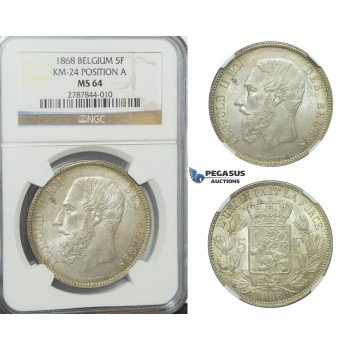 D17, Belgium, Leopold II, 5 Francs 1868 (Pos. A) Silver, NGC MS64