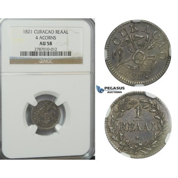 D19, Curacao, 1 Reaal 1821 (4 Acorns) Silver, NGC AU58