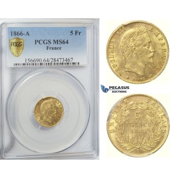 D20, France, Napoleon III, 5 Francs 1866-A, Gold, PCGS MS64