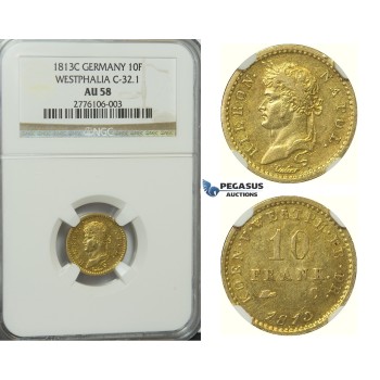 D24, Germany, Westphalia, Hieronymus Napoleon, 10 Francs 1813-C, Gold, NGC AU58