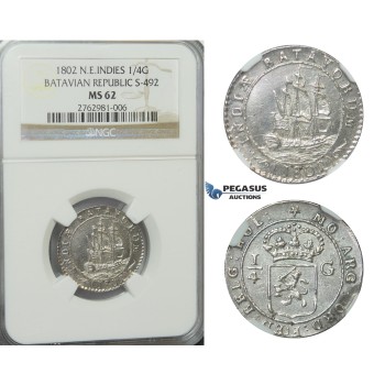 D25, N.E. Indies, Batavian Republic, 1/4 Gulden 1802, Silver, NGC MS62
