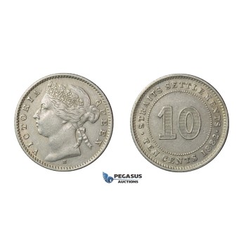 E18, Straits Settlements, Victoria, 10 Cents 1882-H, Silver, High Grade!