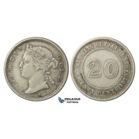 E21, Straits Settlements, Victoria, 20 Cents 1879-H, Silver, Rare!