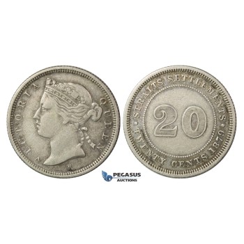 E21, Straits Settlements, Victoria, 20 Cents 1879-H, Silver, Rare!