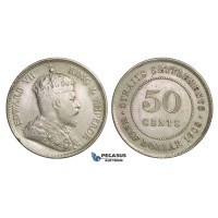 E24, Straits Settlements, Edward VII, 50 Cents 1908, Silver, Nice!