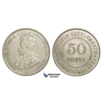 E25, Straits Settlements, George V, 50 Cents 1921, Silver, High Grade!