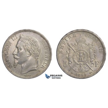 E70, France, Napoleon III, 5 Francs 1869-BB, Silver, Toned High Grade!