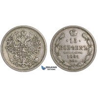 E79, Russia, Alexander II, 15 Kopeks 1861-MI, Silver, Bitkin 186 (R) Rare!