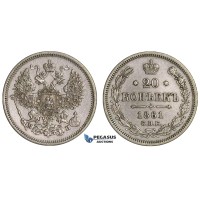 E80, Russia, Alexander II, 20 Kopeks 1861-MI, Silver, Bitkin 174 (R) Rare!