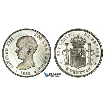 E85, Spain, Alfonso XIII, 5 Pesetas 1888 (88) MP/M, Silver, Top Grade (Minor bag marks)
