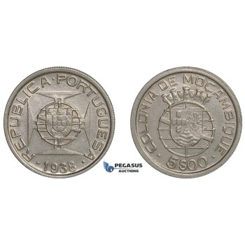 E87, Mozambique (Portuguese) 5 Escudos 1938, Silver, Top Grade!