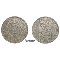 E88, Tunisia, Ahmad Pasha Bey, 20 Francs AH1353/1934 (Paris) Silver, Very Nice! Rare!