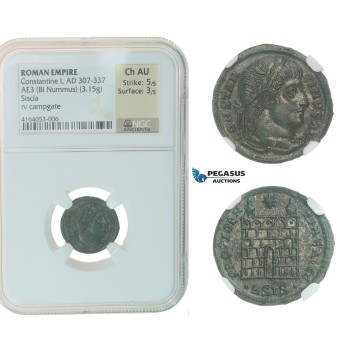 F41, Roman Empire, Constantine I (307-337 AD), Æ Nummus (3.15g) Siscia, Campgate NGC Ch AU