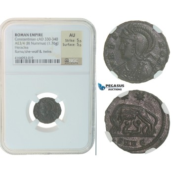 F42, Roman Empire, Constantinian (330-340 AD) Æ Nummus (1.76g) Heraclea, She wolf, NGC AU