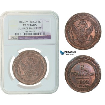 F59, Russia, Alexander I, 2 Kopeks 1802-EM, Copper, NGC XF Det.