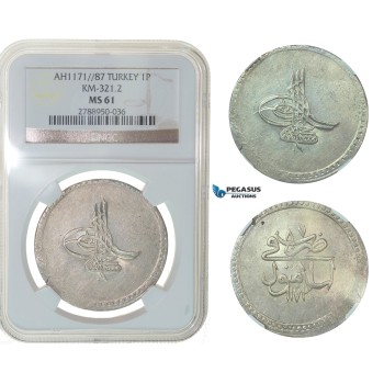 F74, Ottoman Empire, Turkey, Mustafa III, Piastre AH1171/87, Islambul, Silver, NGC MS61