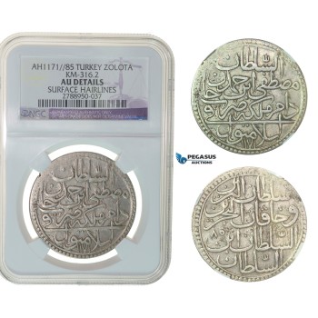 F75, Ottoman Empire, Turkey, Mustafa III, Zolota AH1171/85, Islambul, Silver, NGC AU Det.