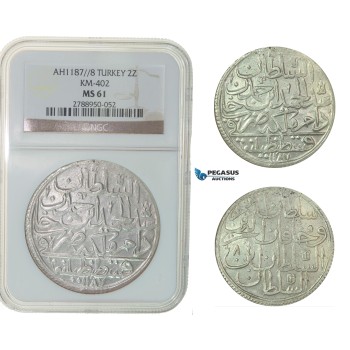 F79, Ottoman Empire, Turkey, Abdül Hamid I, 2 Zolota AH1187/8, Qustantiniya, NGC MS61