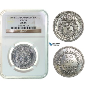 F92, Cambodia, 50 Centimes 1953 ESSAI (KM E11) NGC MS65