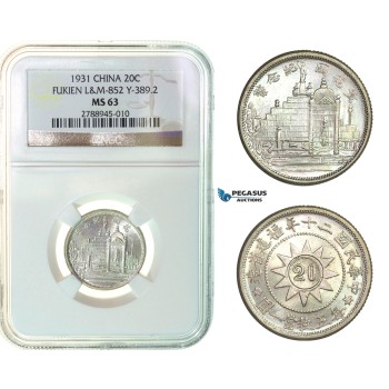F93, China, Fukien, 20 Cents 1931, Silver, NGC MS63