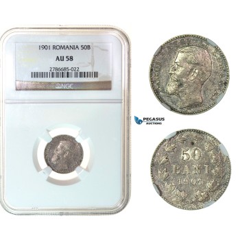 G04, Romania, Carol I, 50 Bani 1901, Hamburg, Silver, NGC AU58