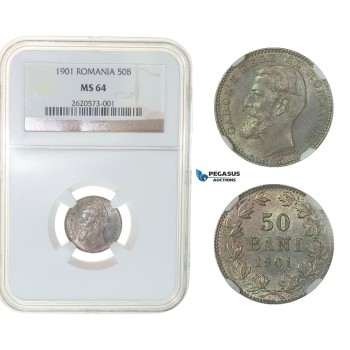 G05, Romania, Carol I, 50 Bani 1901, Hamburg, Silver, NGC MS64 Very RARE Grade!