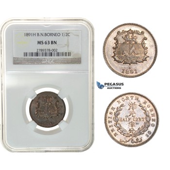 G46, British North Borneo, 1/2 Cent 1891-H, Heaton, NGC MS63BN