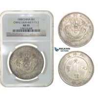 G52, China, Chihli, Dollar, Yr. 34 (1908) Silver, L&M 465, Y-73.2, NGC AU55