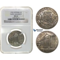 G55, Estonia, 2 Krooni 1932, Silver (Tercentenary University of Tartu) NGC MS62