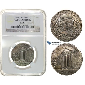 G55, Estonia, 2 Krooni 1932, Silver (Tercentenary University of Tartu) NGC MS62