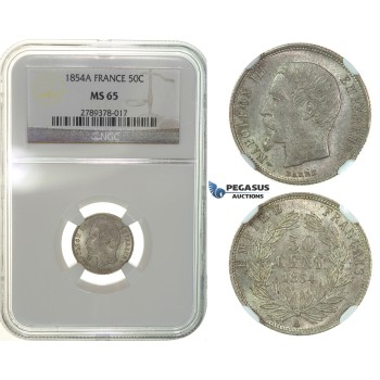 G61, France, Napoleon III, 50 Centimes 1854-A, Paris, Silver, NGC MS65