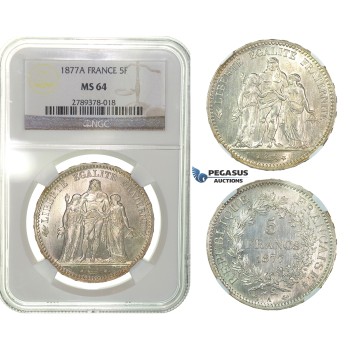 G62, France, 3rd Republic, 5 Francs 1877-A, Paris, Silver, NGC MS64