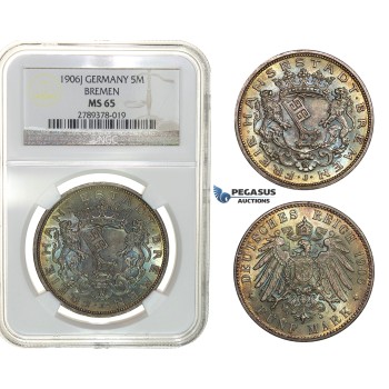 G66, Germany, Bremen, 5 Mark 1906-J, Hamburg, Silver, NGC MS65 Rainbow Toning!