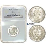 G71. India, British, Victoria, 1/4 Rupee 1862-C, Calcutta, Silver, NGC MS64