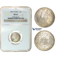 G72. India, British, Victoria, 1/4 Rupee 1891-C, Calcutta, Silver, NGC MS65 (Pop 1/1)