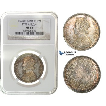 G73. India, British, Victoria, Rupee 1862-B, Bombay, Silver, NGC MS63 (Pop 1/2)