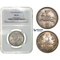 G75, Lithuania, 5 Litai 1925, Silver, NGC MS64