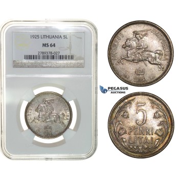 G75, Lithuania, 5 Litai 1925, Silver, NGC MS64