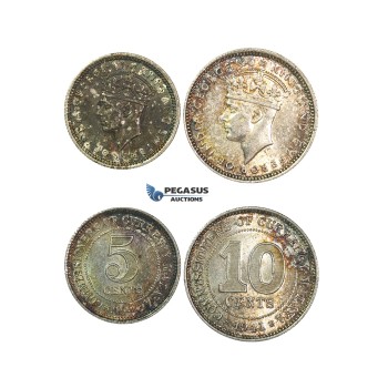 G80, Malaya, George VI, 5 & 10 Cents 1941, Silver, Both in Br. UNC with Rainbow toning!