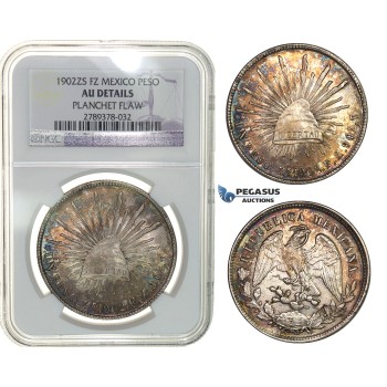 G82, Mexico, Peso 1902 Zs FZ, Silver, NGC AU Det. Planchet Flaw Rainbow Toning!