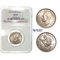 G84, New Zealand, George VI, Shilling 1940, Silver, NGC MS64