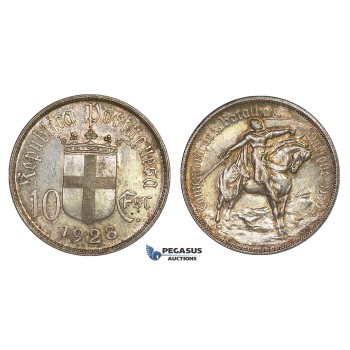 G87, Portugal, 10 Escudos 1928 (Batle of Ourique) Silver, Toned Top Grade!