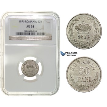 G90, Romania, Carol I, 50 Bani 1876, Brussels, Silver, NGC AU58, Rare!